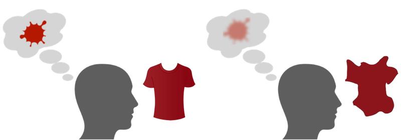 Two people recalling the color of a red shirt: a precise memory when tied to a meaningful object, a blurry one when not
